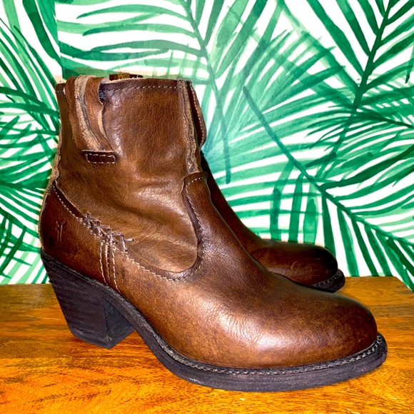 Frye Leslie Artisan Brown Leather Ankle Booties Women’s 7 B - Picture 1 of 11